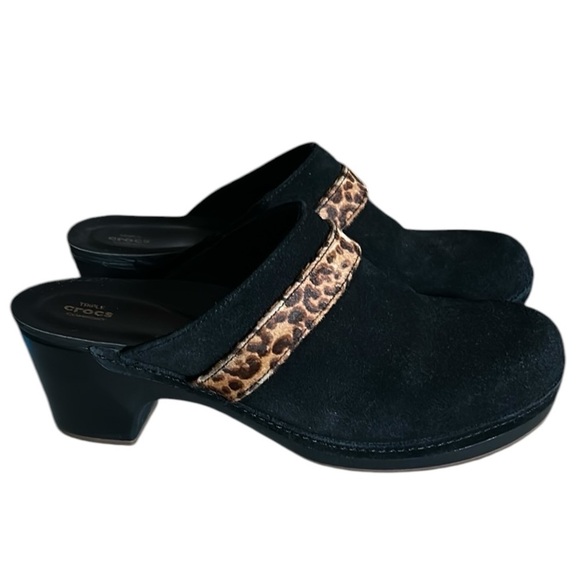 Crocs Sarah Triple Crocs Comfort Suede Clog Mules with Leopard Trim Size 10 - Picture 5 of 11